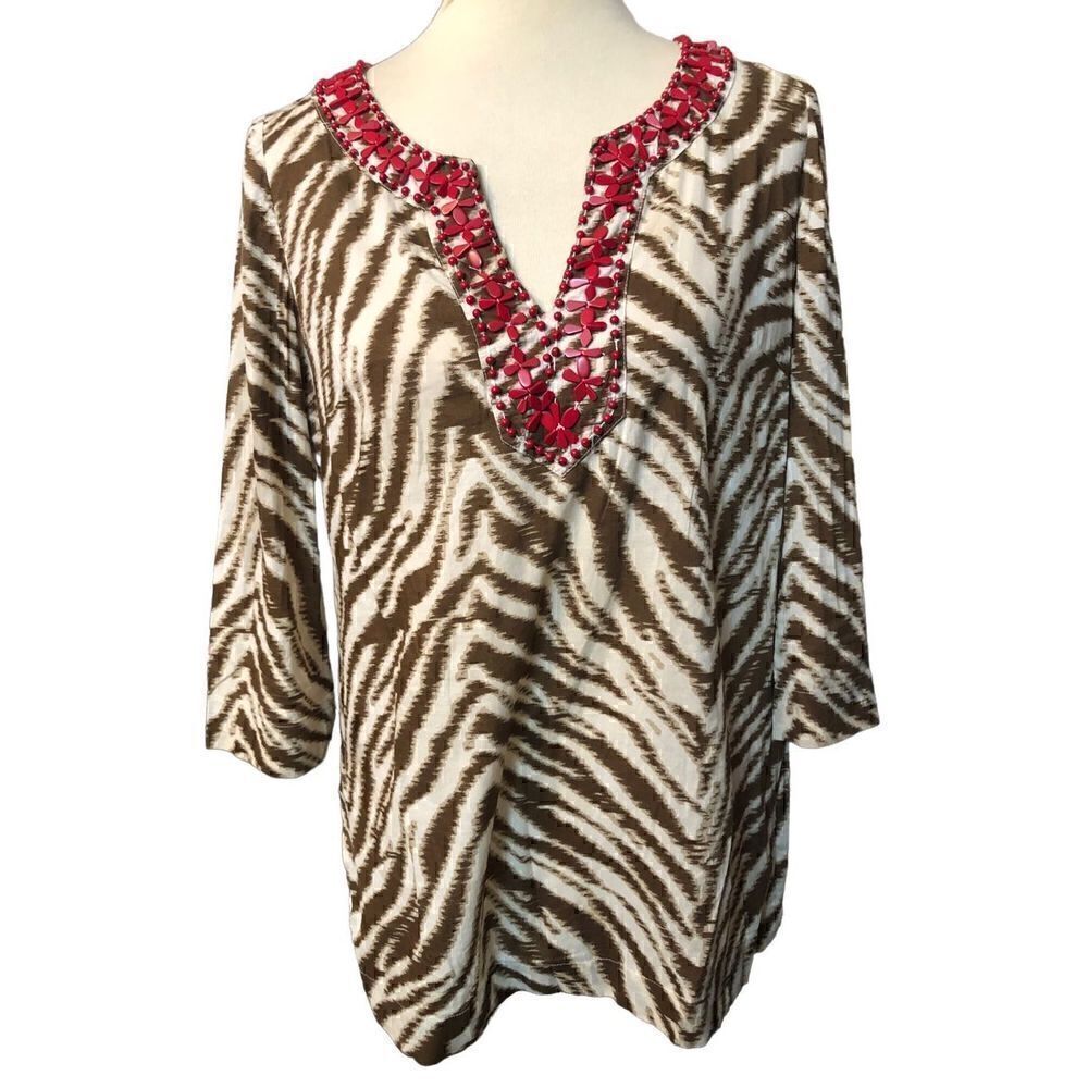 Loft Brown Cream Red Beaded Neck Animal Print Cotton Shirt Top Blouse Sz S